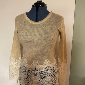 New Beige / Cream Sweater with lace detail.  Lightweight, lace-sleeves & bottom